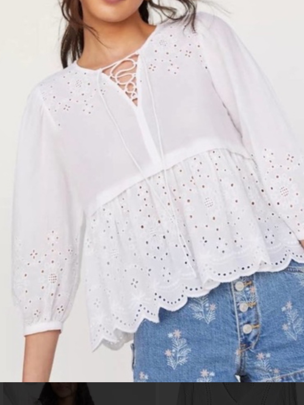 dolan White Eyelet Lace-Up Peasant Blouse size extra large